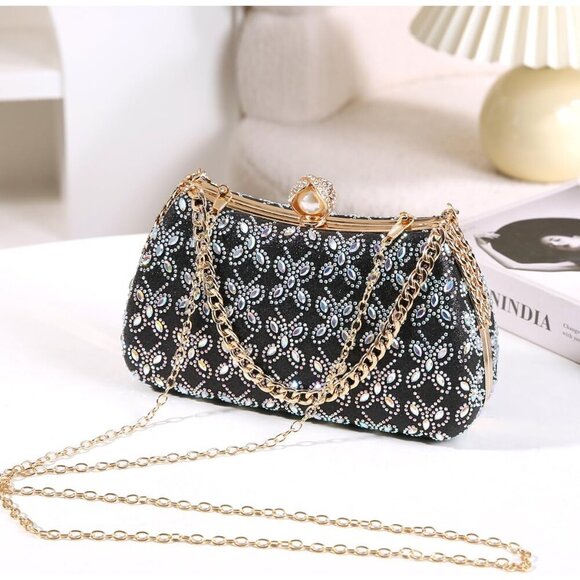 Women\'s Rhinestone Beaded Clutch Bag with Chain Handle for Evening or Party